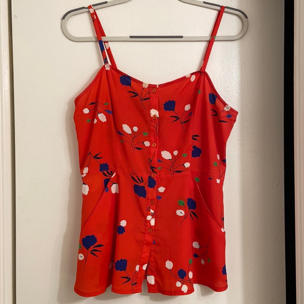 Red floral silk button down top